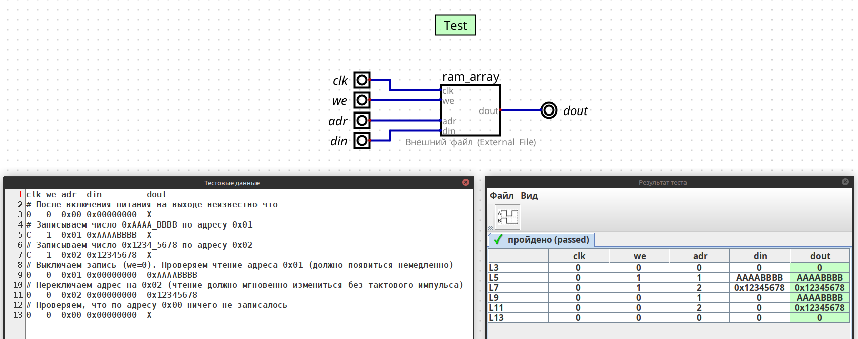 Тестирование кода vhdl из файла ram_array.vhd в симуляторе Digital